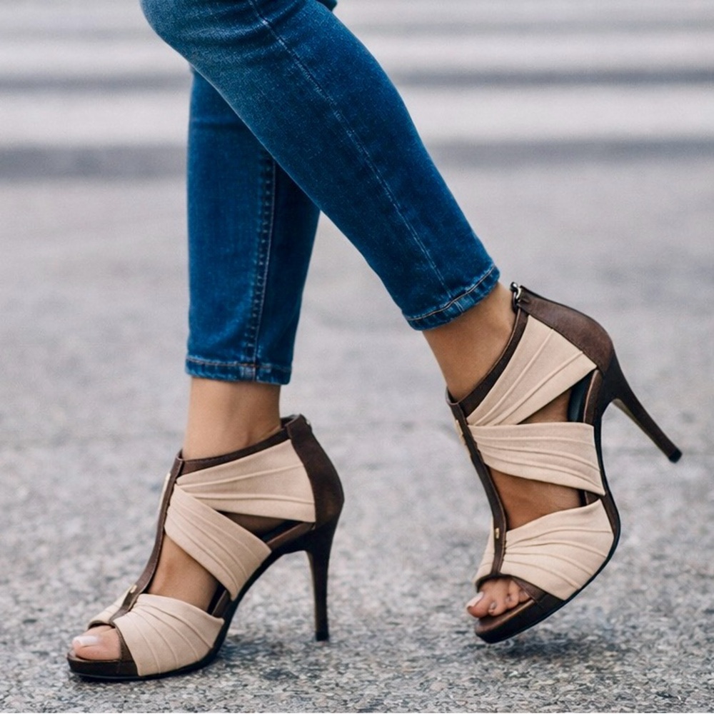 Enchanted Two-Tone Suede Open-Toe Ankle Bootie Heels | Size 9M